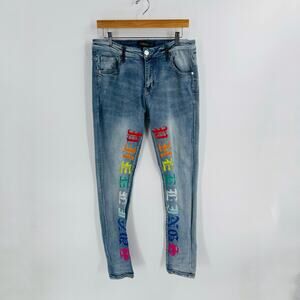 Pheelings Jeans Men’s 34 Blue Denim Skinny Fit Rainbow Gothic Logo Embroidered